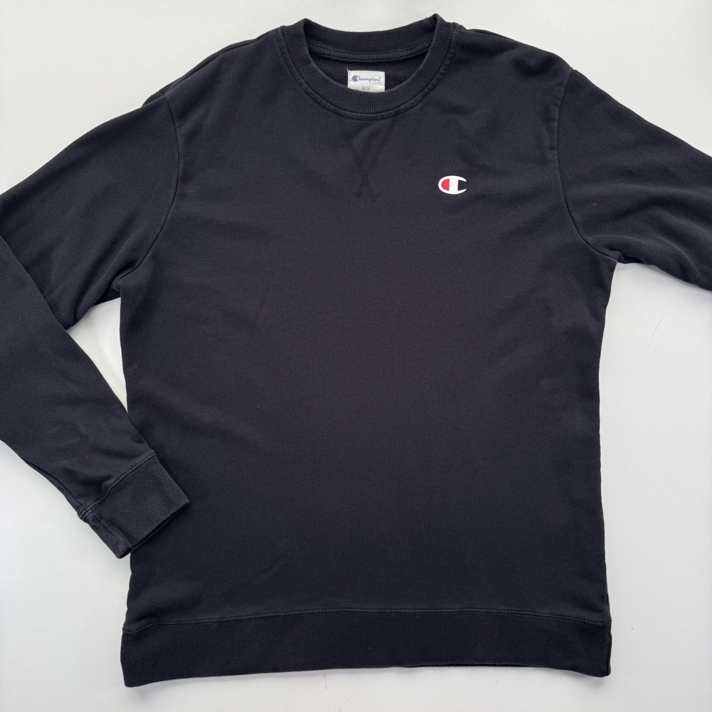 CHAMPION Crew Neck‎ Pullover Jersey Sweatshirt Mens Medium Black Small Logo